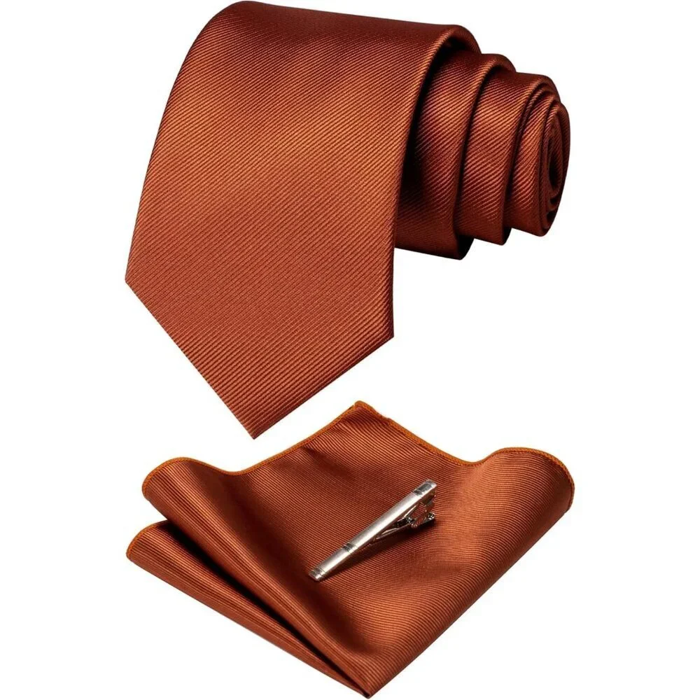 Men's Rust Colour Formal Necktie and Pocket Square Tie Clip Sets
